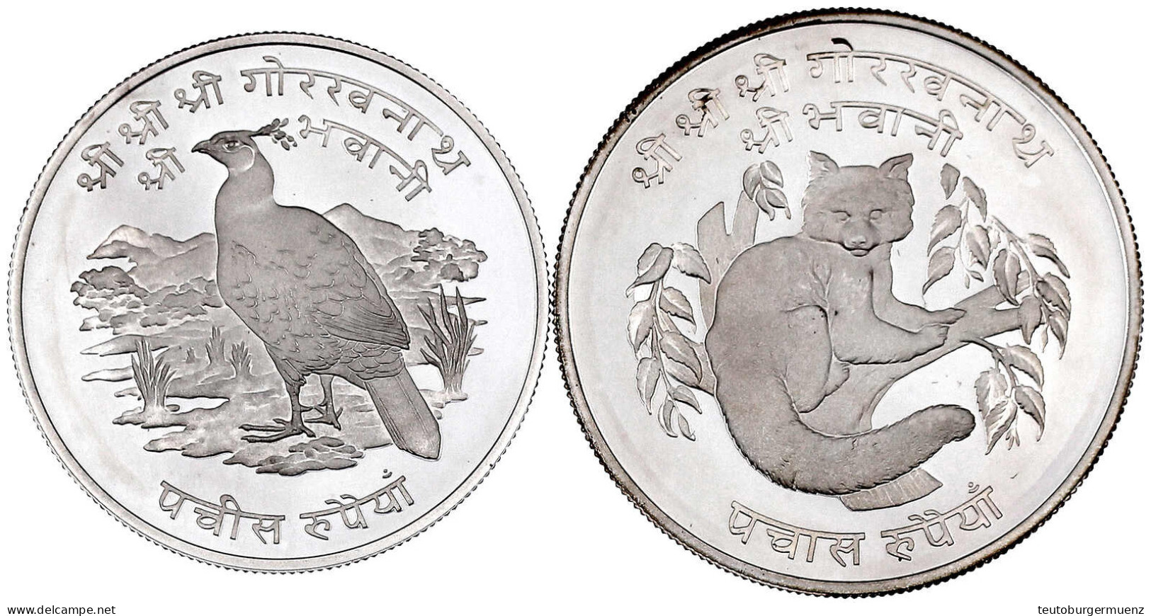 2 Silbermünzen: 25 Und 50 Rupien VS 2031 = 1975. Pfau Und Katzenbär. Polierte Platte. Krause/Mishler 839a Und 841a. - Nepal