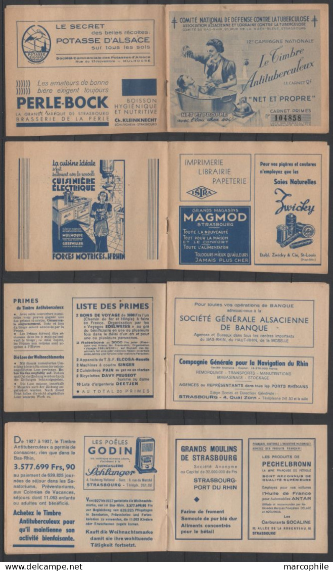 TUBERCULOSE - ANTITUBERCULEUX - ALSACE / 1938  COUVERTURE DU CARNET AVEC PUBLICITES LOCALES (ref 2512) - Antitubercolosi