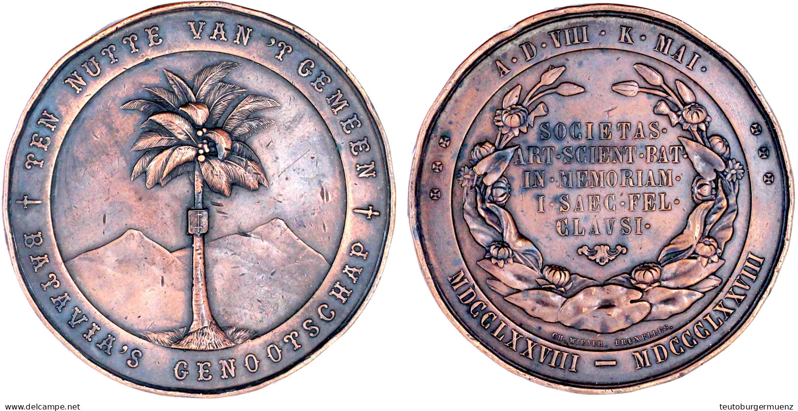 Bronzemedaille 1878 Von Wiener, Brüssel. 100 Jahre Gesellschaft Für Kunst Und Wissenschaft Batavia. 60 Mm. Sehr Schön/vo - Niederländisch-Indien