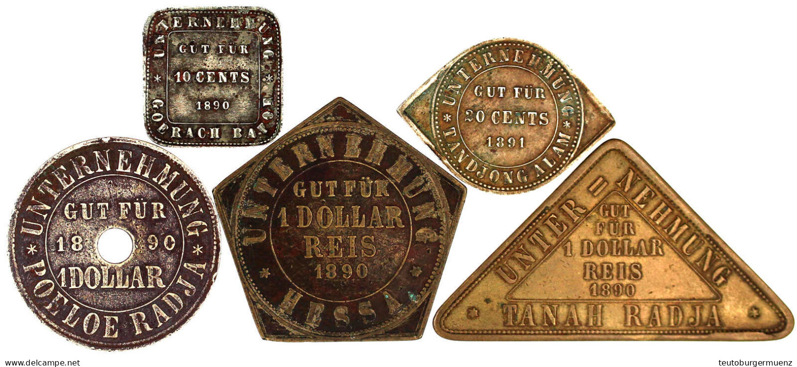 5 Plantagentokens: Unternehmung Tandjong Alam 20 Cents 1891, Goerach Batoe 10 Cents 1890, Poeloe Radja Dollar 1890, Tana - Dutch East Indies