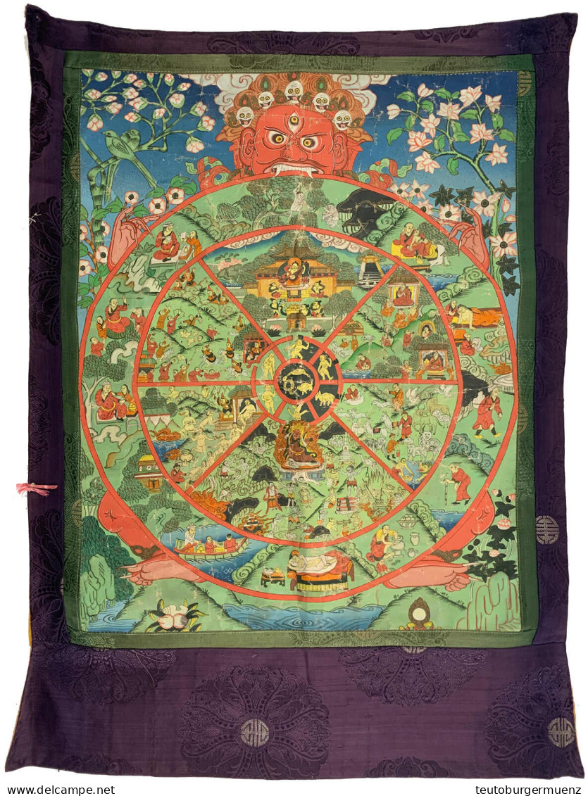 Seiden-Tanka Mit Darstellung Des Samsara (संसार), Dem Rad Der Wiedergeburt. 53 X 77 Cm - Autres – Asie