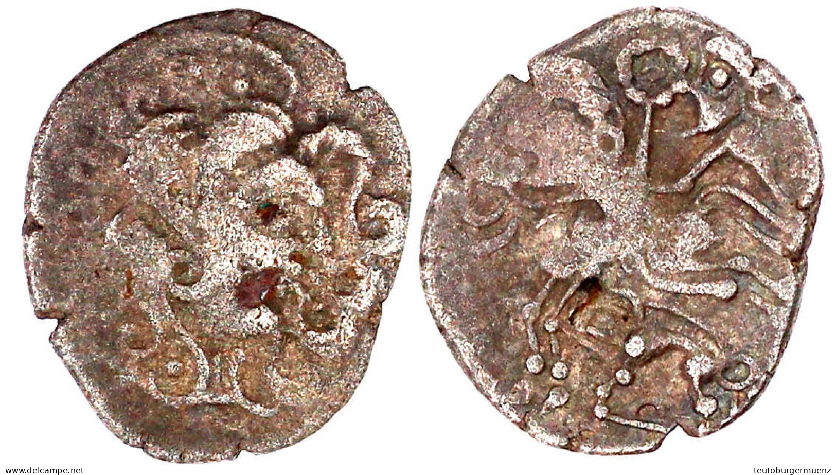 Billon Stater, Vor 56 V. Chr. Kopf R. /stilisierter Reiter Springt über Eber. 6,41 G. Sehr Schön. DT. 2291. - Gallië