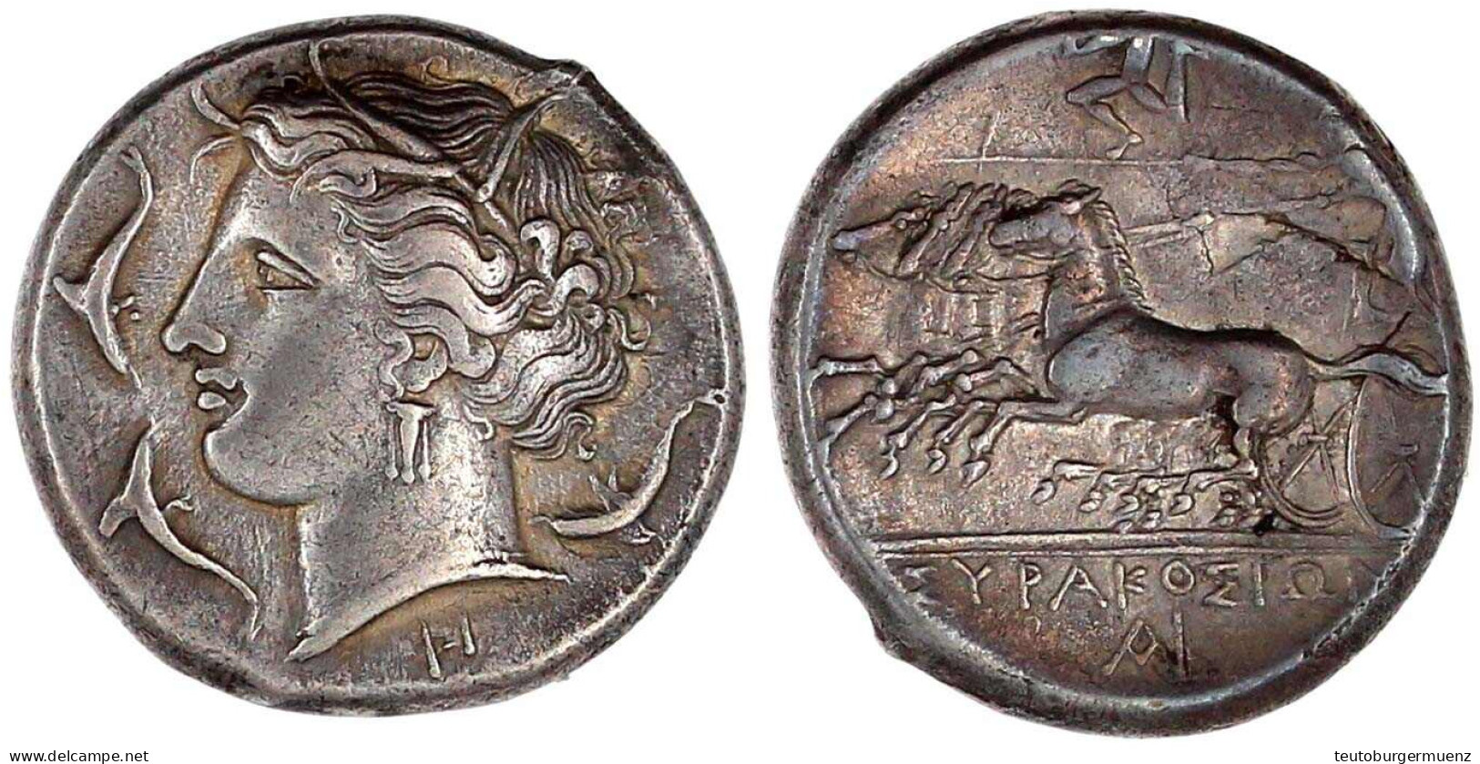 Tetradrachme 310/305 V. Chr. Kopf Der Persephone L., Umgeben Von Delfinen/Krieger In Quadriga, Darüber Triskeles. 16,88  - Grecques