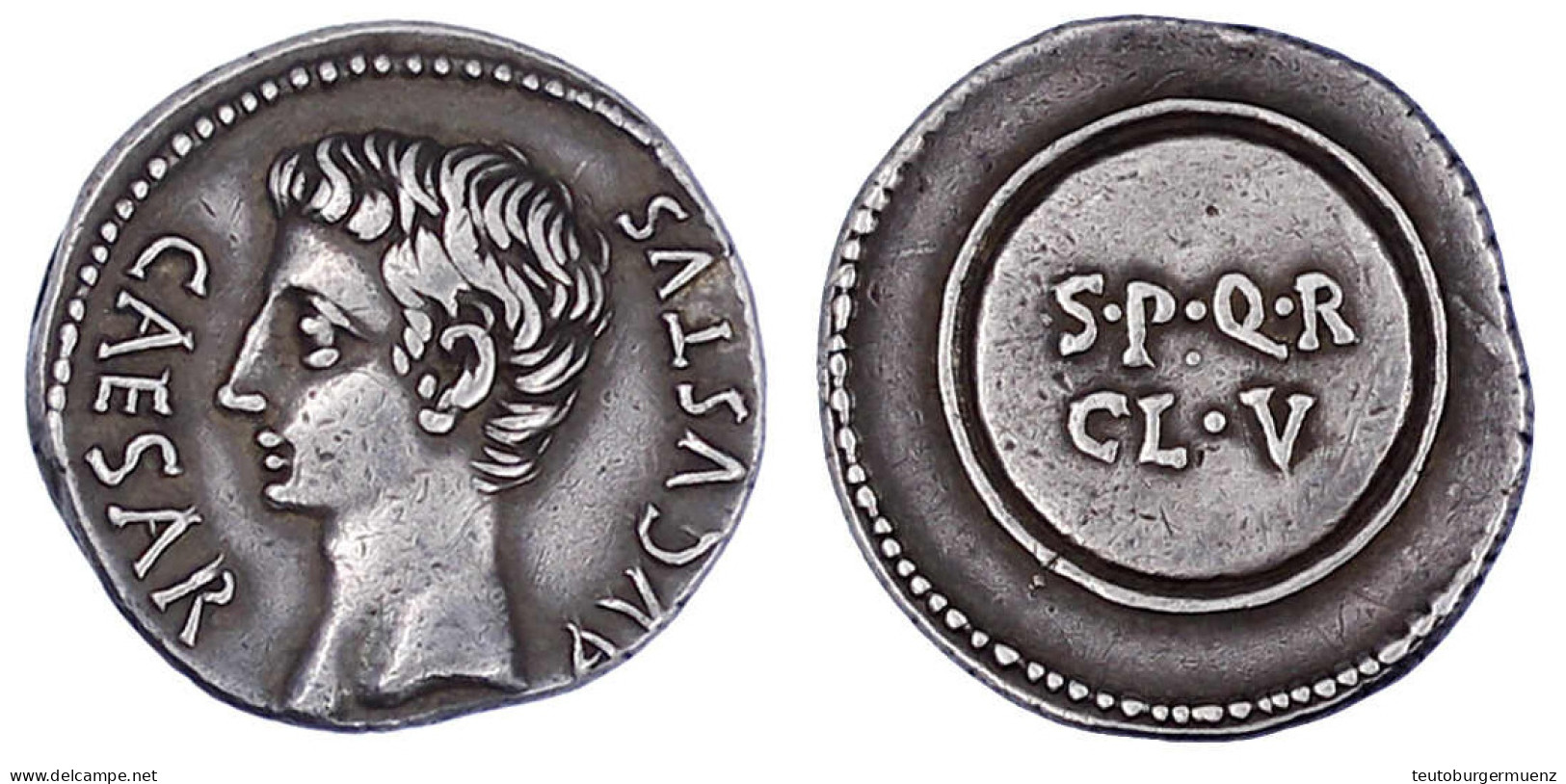 Denar 19/18 V. Chr., Spanische Münstätte. CAESAR AVGVSTVS. Kopf L./SPQR CL V Auf Schild. 3,96 G. Sehr Schön/vorzüglich,  - Other & Unclassified