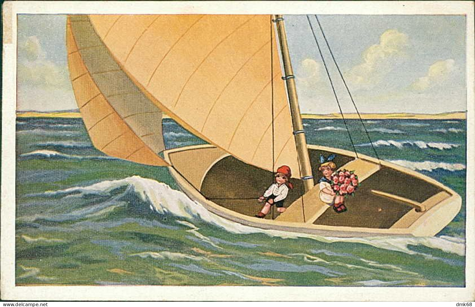 W.S.S.B. 1910s POSTCARD -  KIDS & BOAT & FLOWERS  - N. 5951 (5436) - Feiertag, Karl