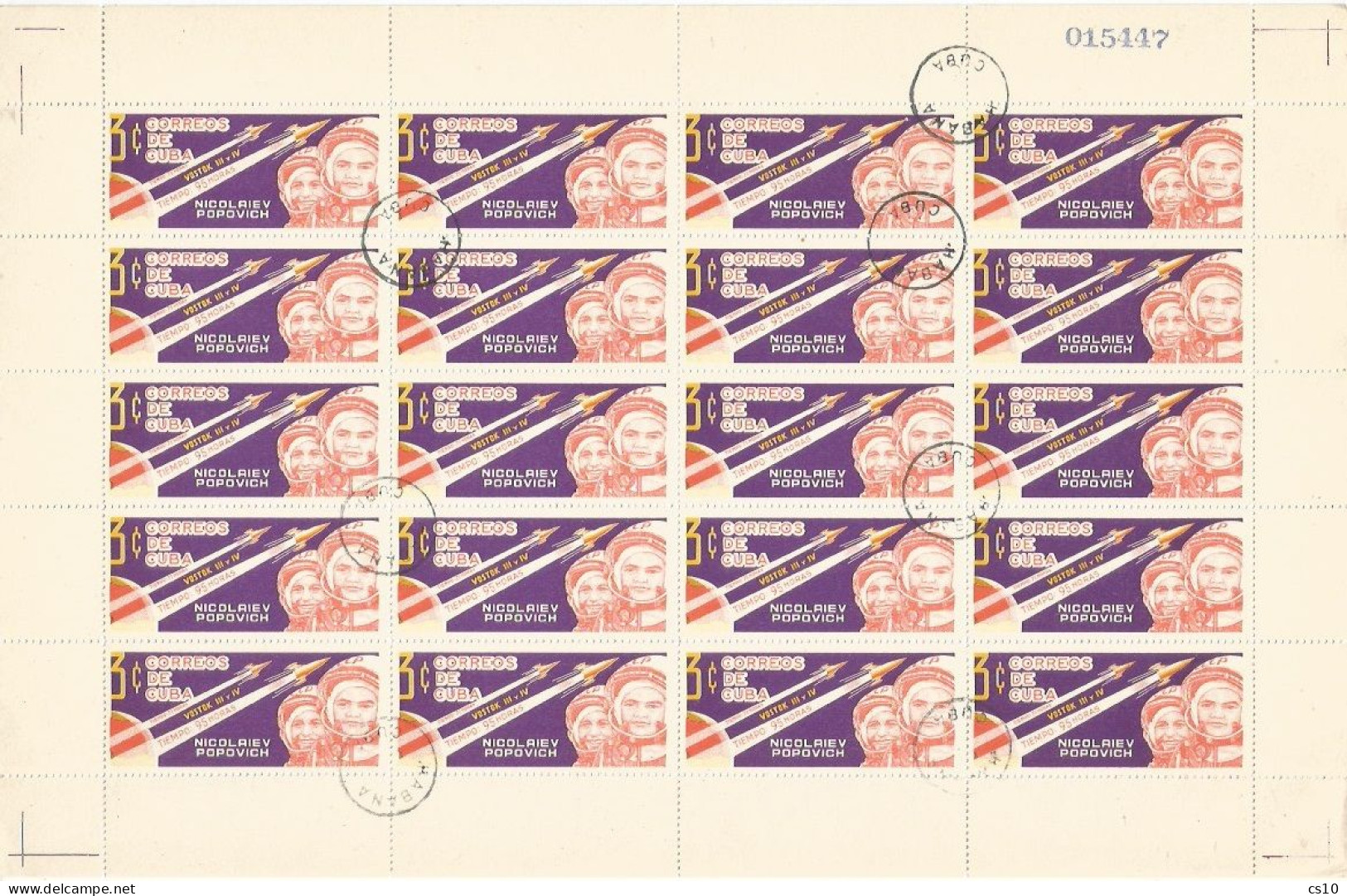 Cuba USSR Space Conquest Vostok Missions PART Set 3v In 3 Cpl Sheets Of 20pcs In CTO Condition - NON FOLDED - Used Stamps