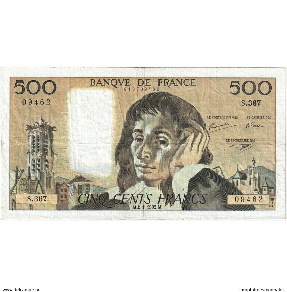 France, 500 Francs, Pascal, 1992, S.367, TTB+, Fayette:71.49, KM:156i - 500 F 1968-1993 ''Pascal''