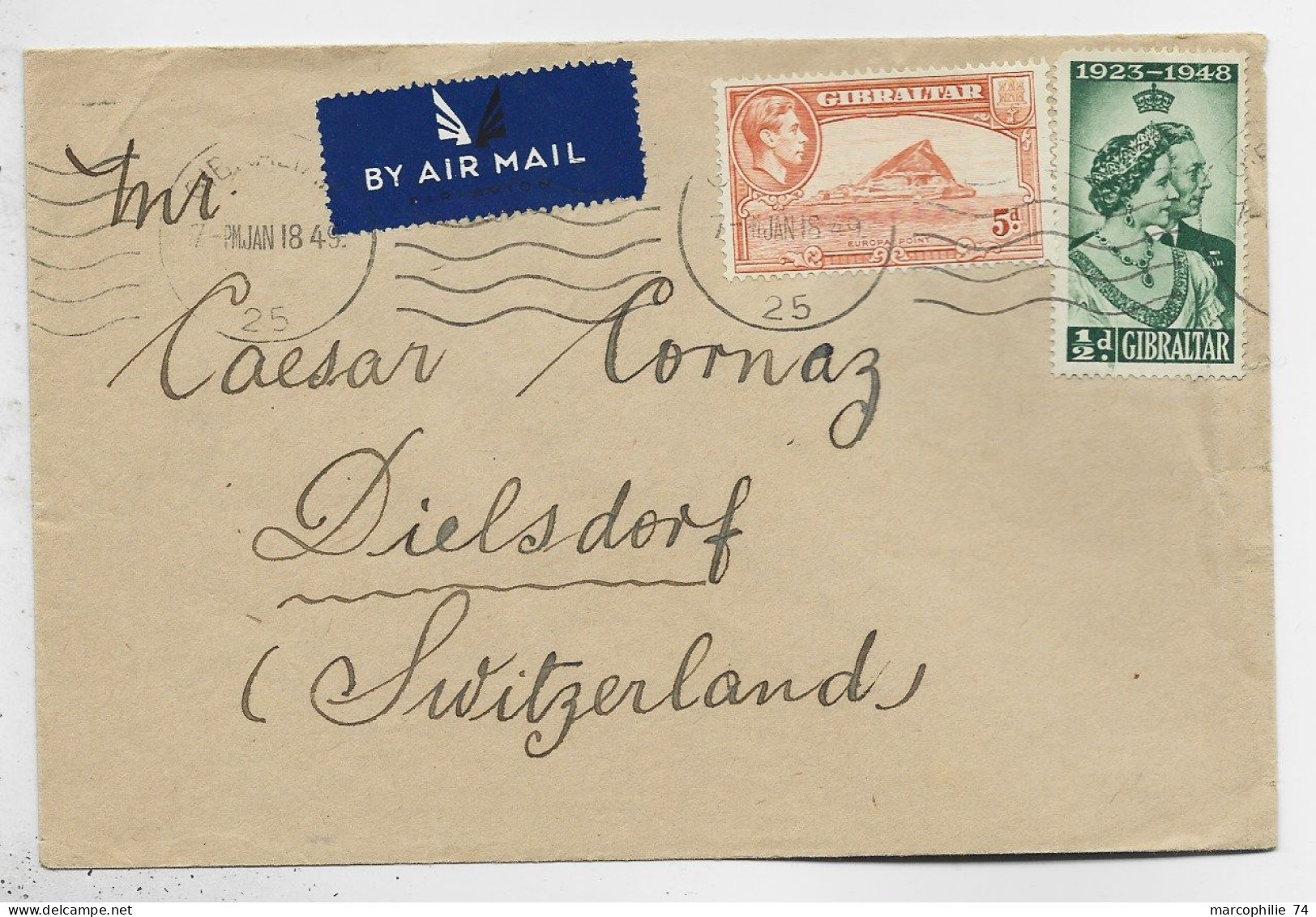 GIBRALTAR 1/2D+ 5C LETTRE COVER AIR MAIL GIBRATAR JAN 18 1949 TO SUISSE - Gibraltar