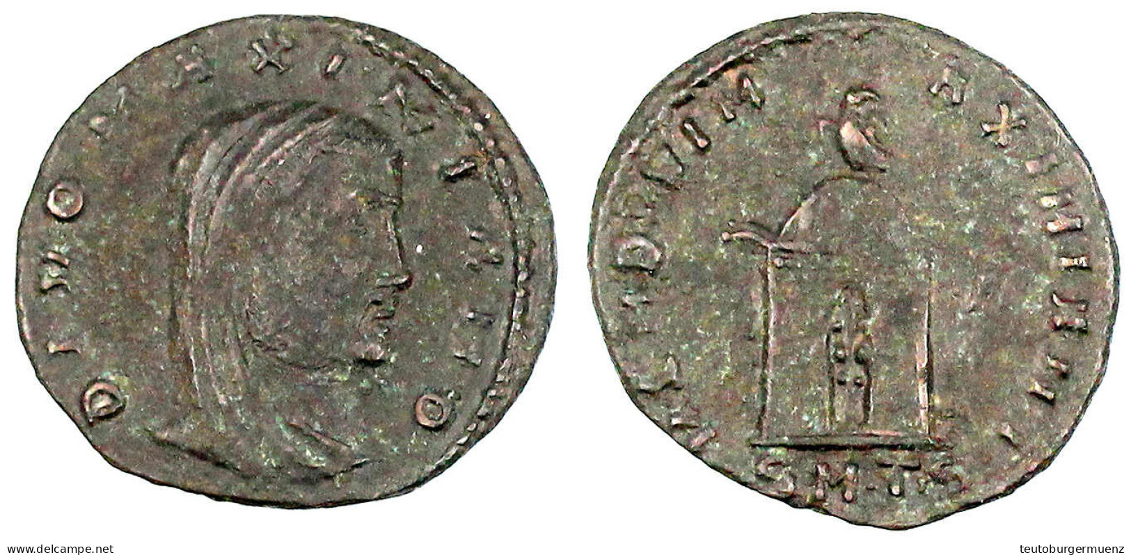 Follis, Posthum 311, Thessalonika. DIVO MAXIMIANO. Verschleiertes Brb. R./MEM DIVI MAXIMIANI SMTS. Grabmal, Rechts A. 4, - Andere & Zonder Classificatie