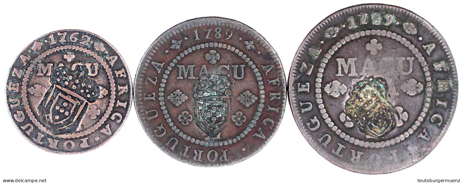 3 Kupfermünzen: 1/4 Macuta 1762, 1/2 Macuta Und 1 Macuta 1789. Alle Mit Gegenstempel Wappen Von 1837. Schön/sehr Schön - Angola