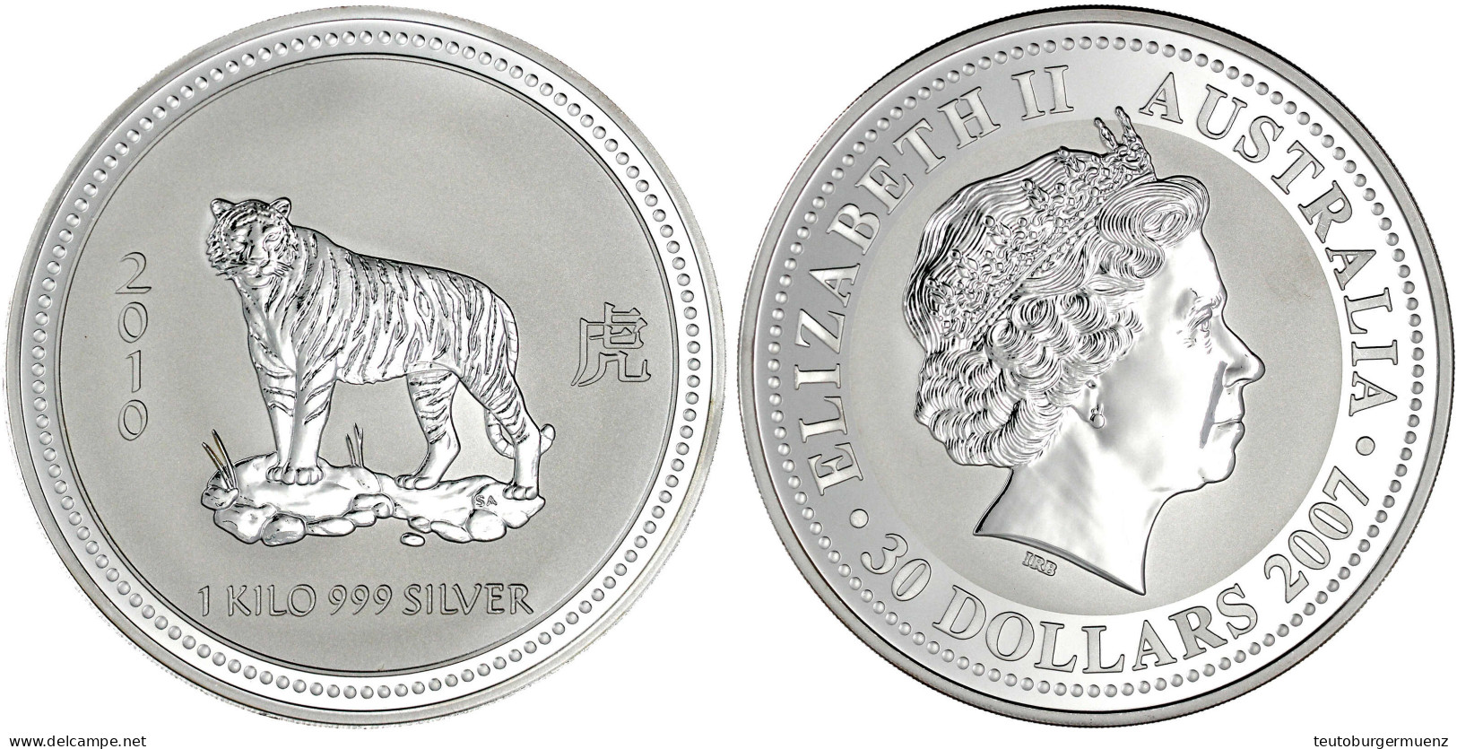 30 Dollars 1 Kilo Silbermünze Tiger, Lunar I. 2010 (2007). In Kapsel. Auflage Nur 1888 Ex. Stempelglanz - Andere & Zonder Classificatie