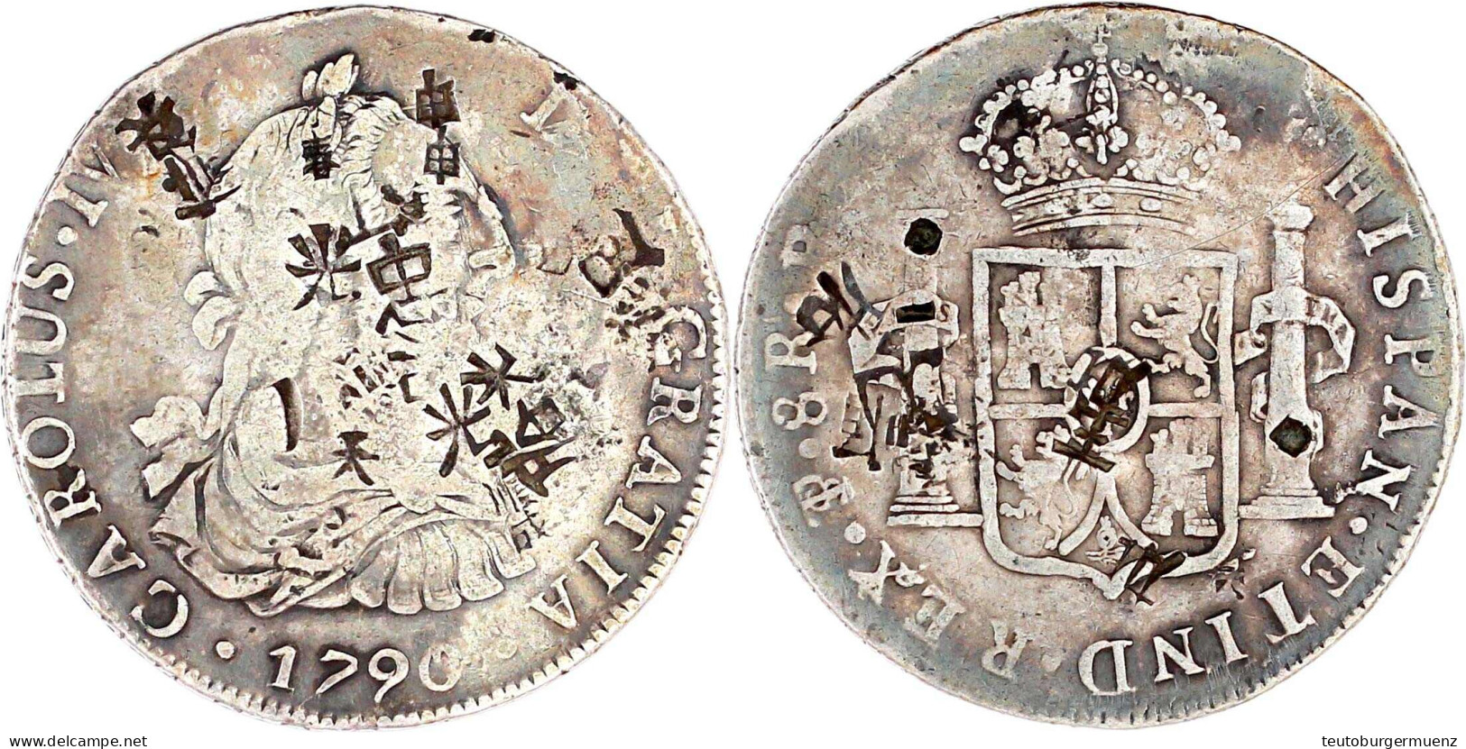 8 Reales 1790 PR, Potosi. Mit CAROLUS IV Und Brustbild Carlos III. Schön, Zahlreiche Chines. Chopmarks. Krause/Mishler 6 - Bolivie