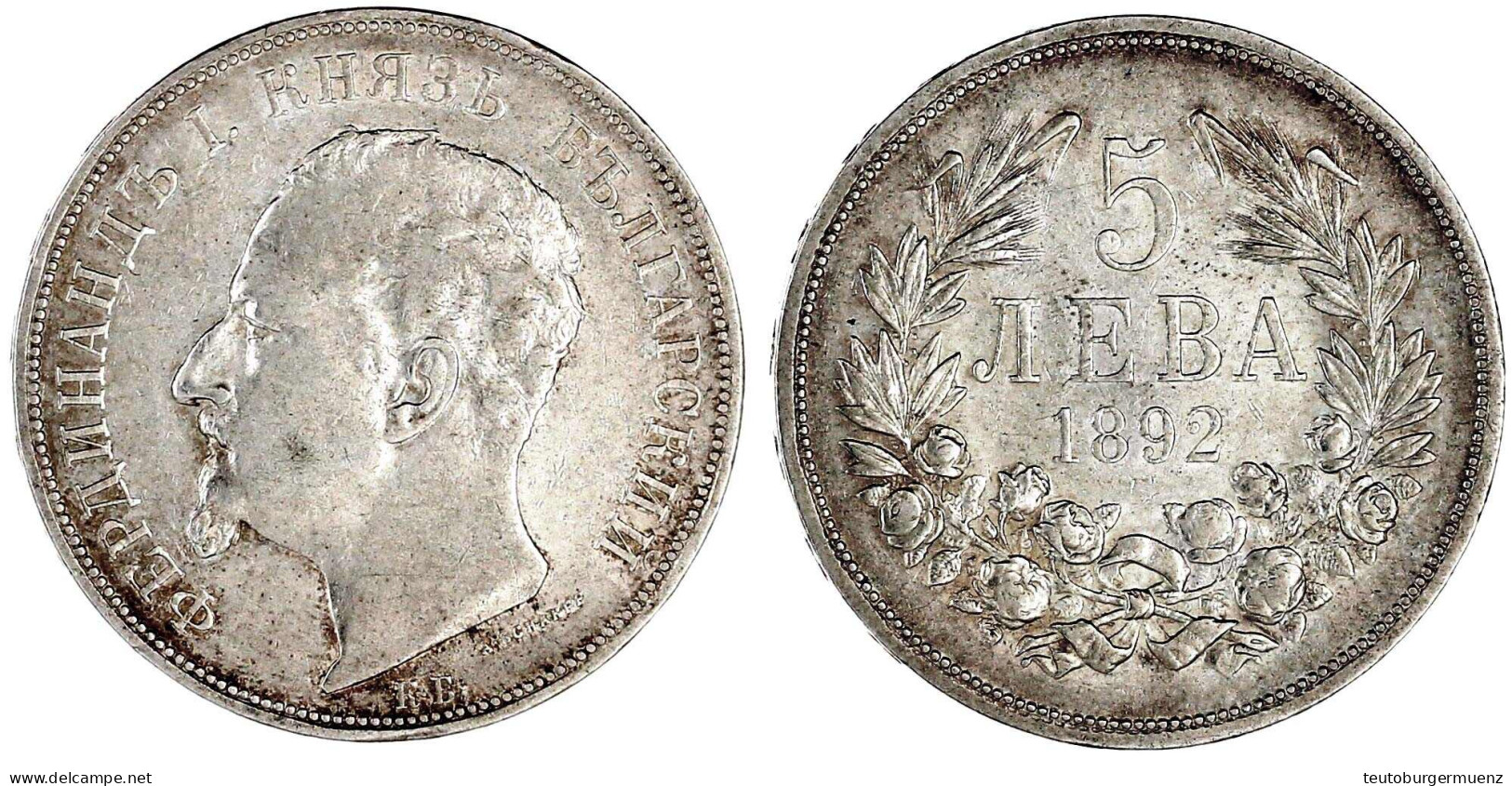 5 Leva 1892. Sehr Schön. Krause/Mishler 15. - Bulgarie