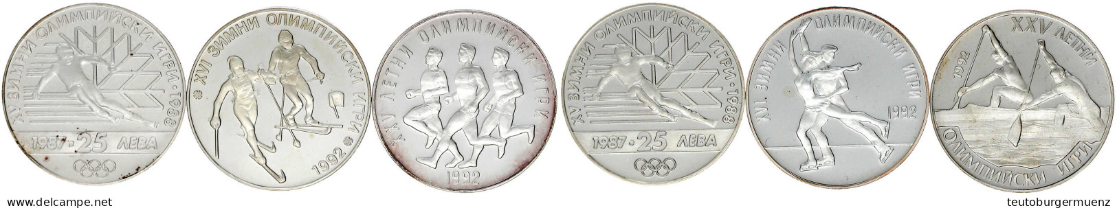 6 X 25 Leva Silbergedenkmünzen Zu Olympiaden Aus 1987 Bis 1990. 2 X Abfahrtsläufer 1987 (KM 160), Zweier-Kanadier 1989 ( - Bulgarie