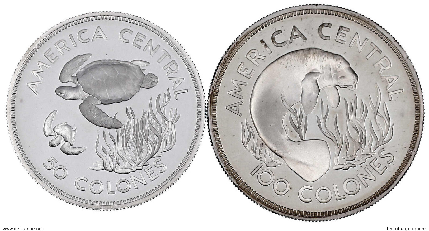 2 Silbermünzen: 50 Und 100 Colones 1974. Grüne Schildkröten Und Sehkuh. Polierte Platte. Krause/Mishler 200a Und 201a. - Costa Rica