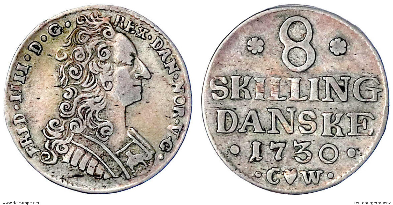 8 Skilling 1730, Kopenhagen. Sehr Schön. Hede 54. Sieg 8. - Danemark