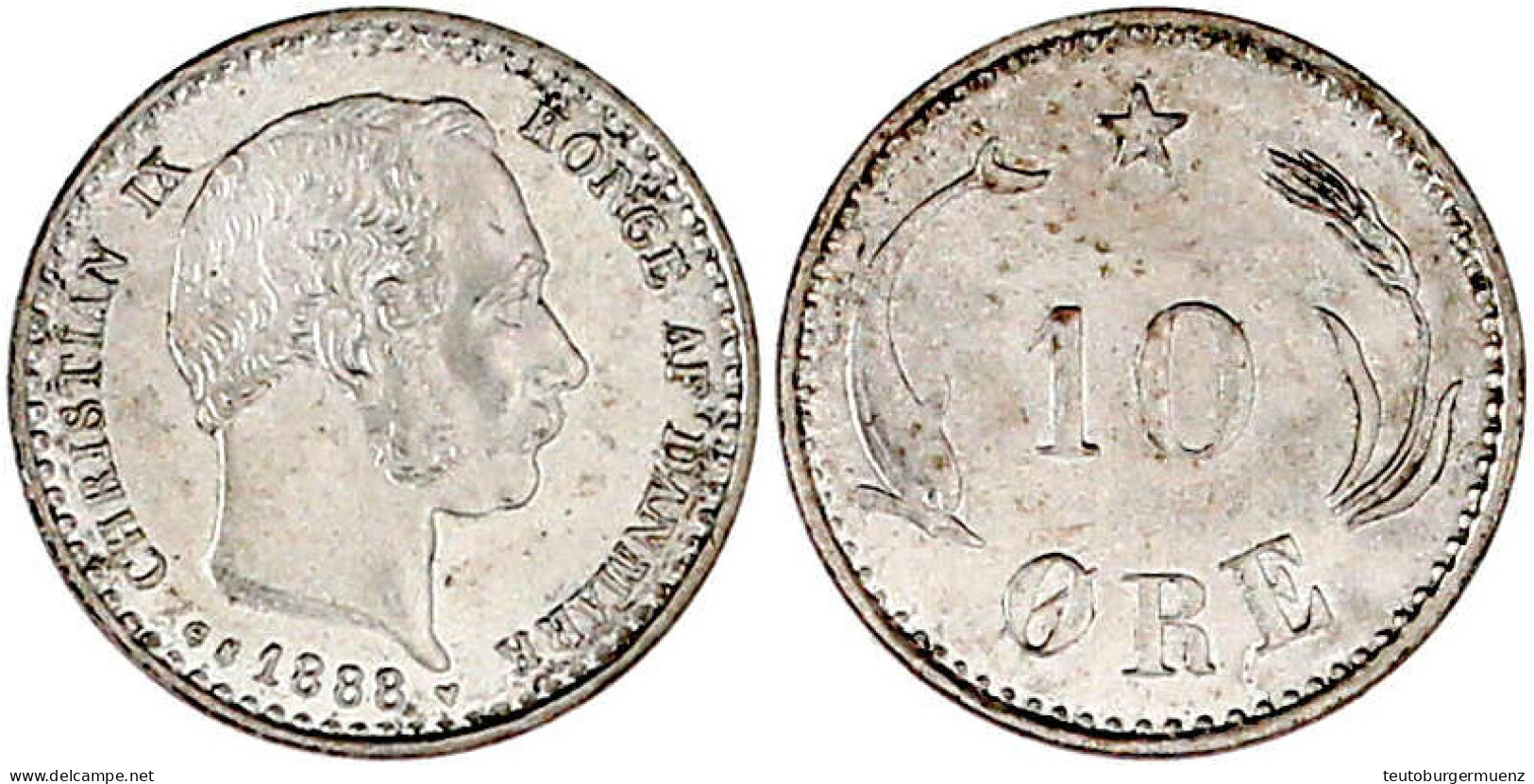 10 Öre 1888 CS. Fast Stempelglanz, Prachtexemplar, Selten. Krause/Mishler 795.1. - Danemark