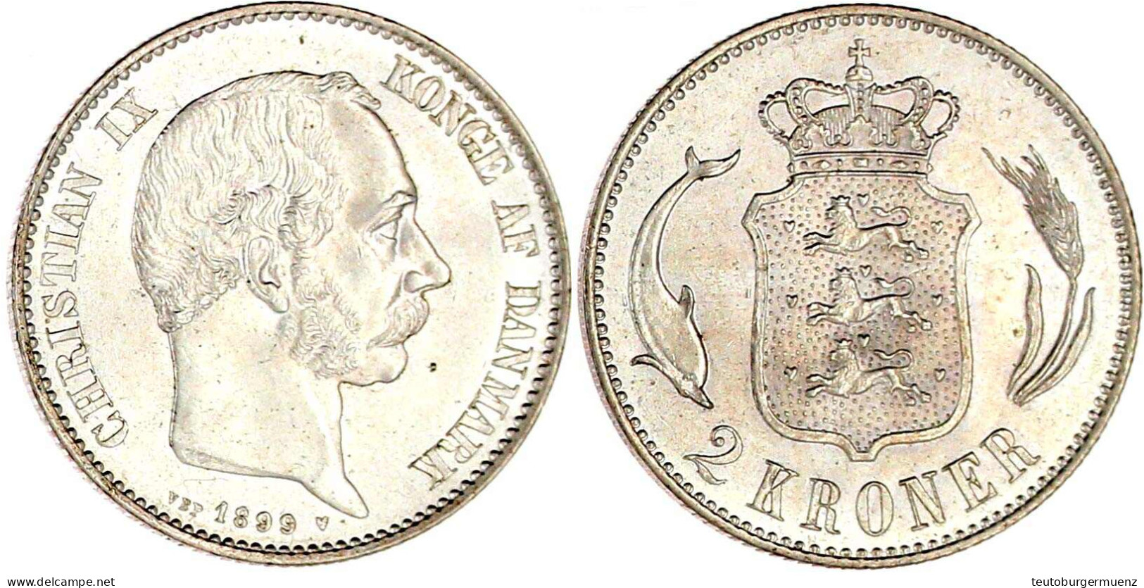 2 Kroner 1899 VBP Prägefrisch/fast Stempelglanz, Prachtexemplar. Hede 13B. Sieg 1.2. - Danemark