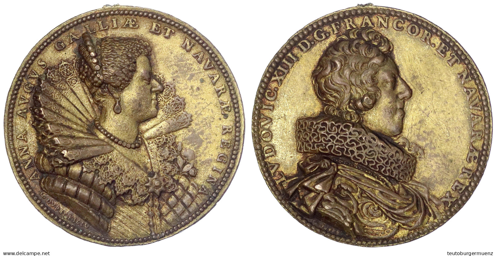 Vergoldete Bronzegussmedaille 1620 Von Dupre. Brb. Louis R./Brb. Anna Von Österreich R. 60 Mm. Vorzüglich, Henkelspur. J - 1610-1643 Luigi XIII Il Giusto