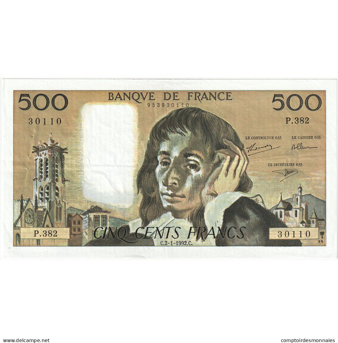 France, 500 Francs, Pascal, 1992, P.382, TTB+, Fayette:71.49, KM:156i - 500 F 1968-1993 ''Pascal''
