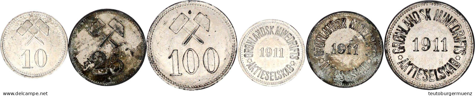 3 Stück: 10, 25, 100 Öre Der Grönl. Minengesellschaft 1911 Schrift/Wert Unter Gekr. Hammern. Vorzüglich, Einer Oxydiert. - Groenlandia