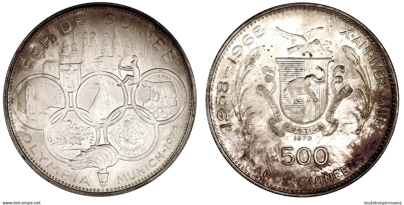 500 Francs 1970 Zu Den Oly. Spielen München 1972. Aufl. Nur 1900 Exemplare. Polierte Platte, Schöne Patina. Krause/Mishl - Guinée