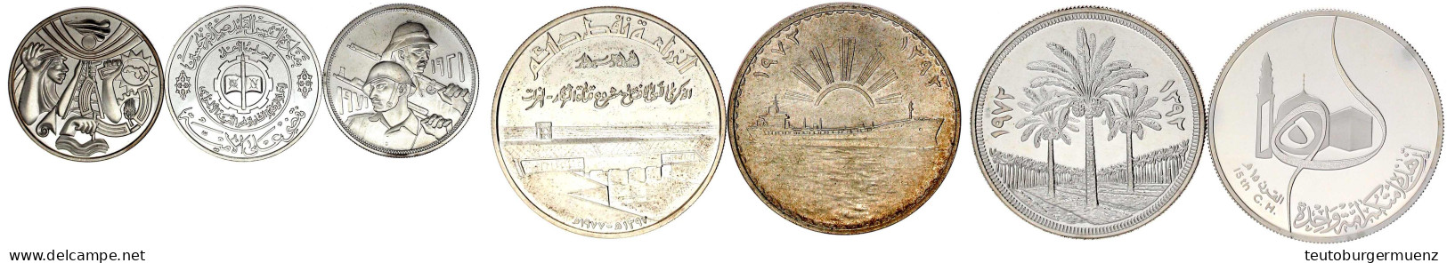 7 Stück: 1 Dinar 1971, 1972 (Stgl.) 1973, 1977 Tharthat-Euphrat Kanal, 1980. Weiterhin 2 Proben Oder Silbermedaillen In  - Irak