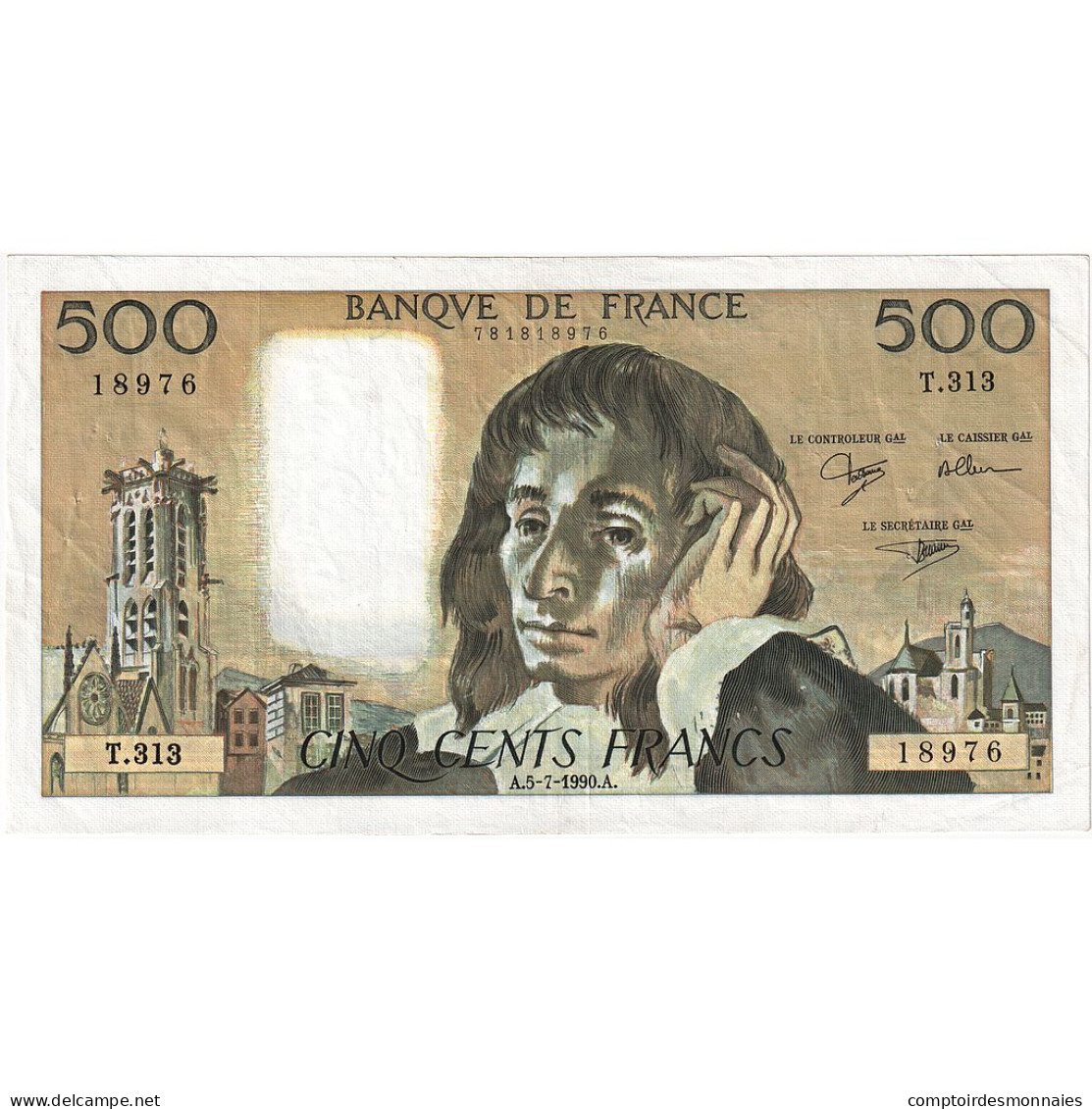 France, 500 Francs, Pascal, 1990, T.313, TTB+, Fayette:71.48, KM:156h - 500 F 1968-1993 ''Pascal''