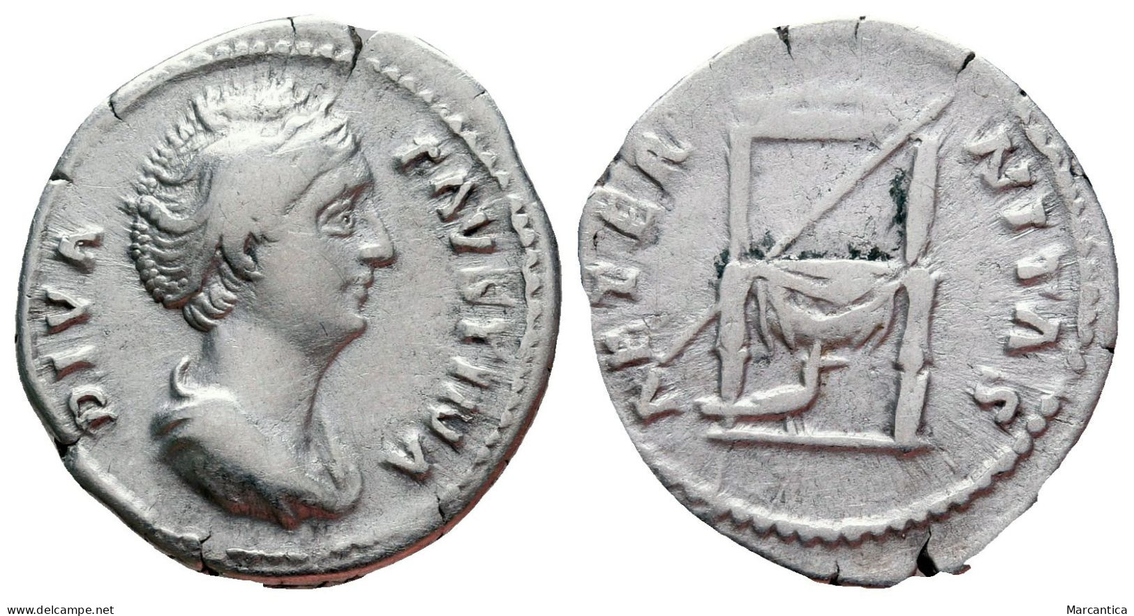 Diva Faustina AR Denarius, Throne/peacock Reverse - The Anthonines (96 AD Tot 192 AD)
