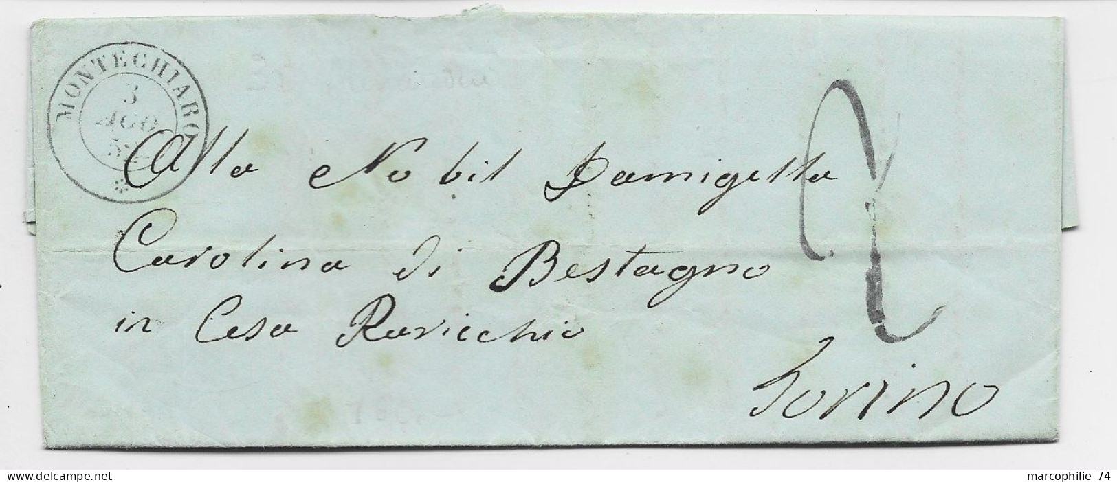 SARDEGNA SARDE CACHET MONTECHIARO 3 AGO 1852 LETTERA LETTRE COVER TORINO  TAXE 2 - Sardaigne