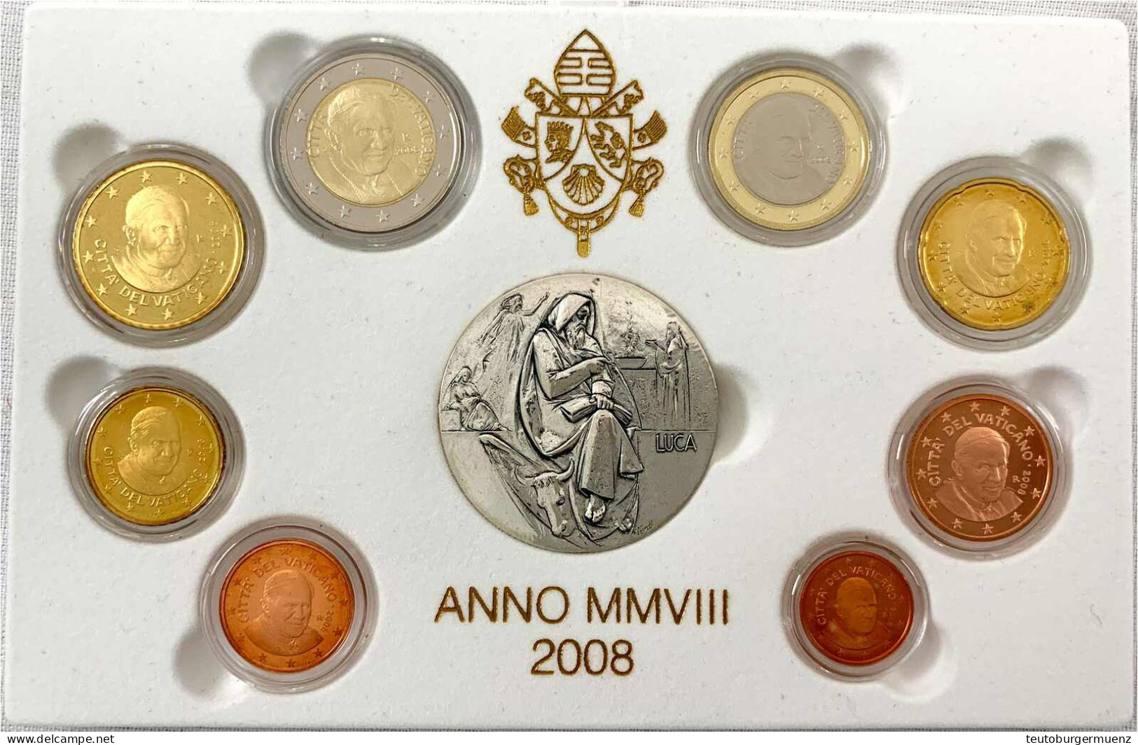 Offizieller Kursmünzensatz 2008. 1 Cent Bis 2 Euro, Mit Silbermedaille In Originalschatulle Mit Zertifikat Und Umverpack - Vatican