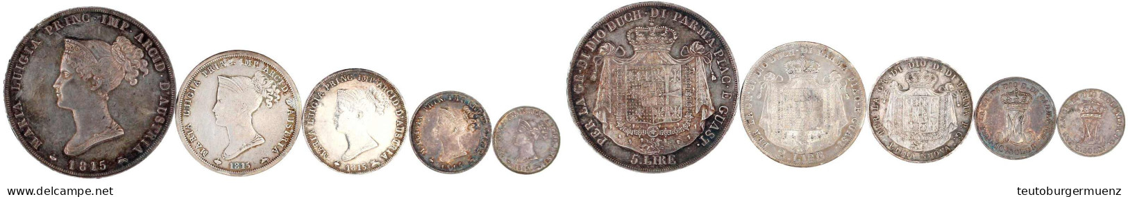 Serie Von 5 Silbermünzen 1815. 5 Soldi Geändert Aus 1813 (vz, Kl. Kr.), 10 Soldi (vz), Lira (vz), 2 Lire (fast Ss, Randf - Parme