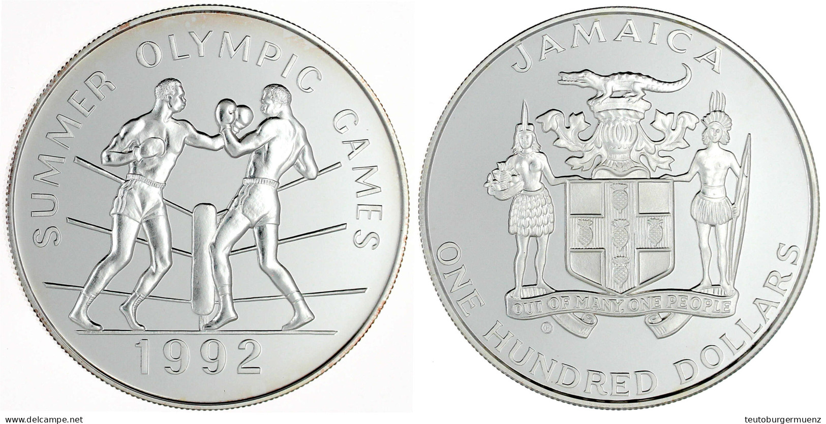 100 Dollars Silber 1992 Olympische Sommerspiele In Barcelona. Boxer Im Ring. 136,08 G. 925/1000. In Kapsel. Polierte Pla - Jamaica