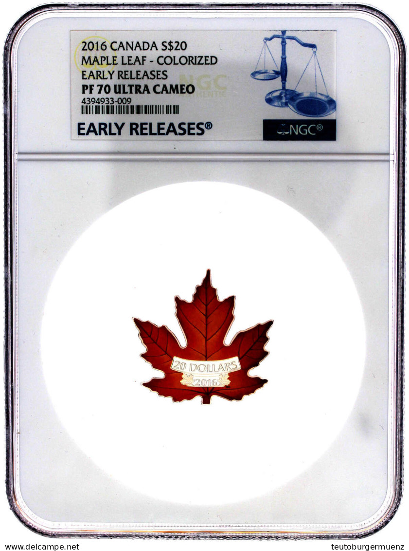 20 Dollars Maple Leaf Shaped (in Farbe) 2016. 31,5 G. 999/1000. Auflage Nur 15000 Ex. Im NGC-Blister Mit Grading PF 70 U - Canada