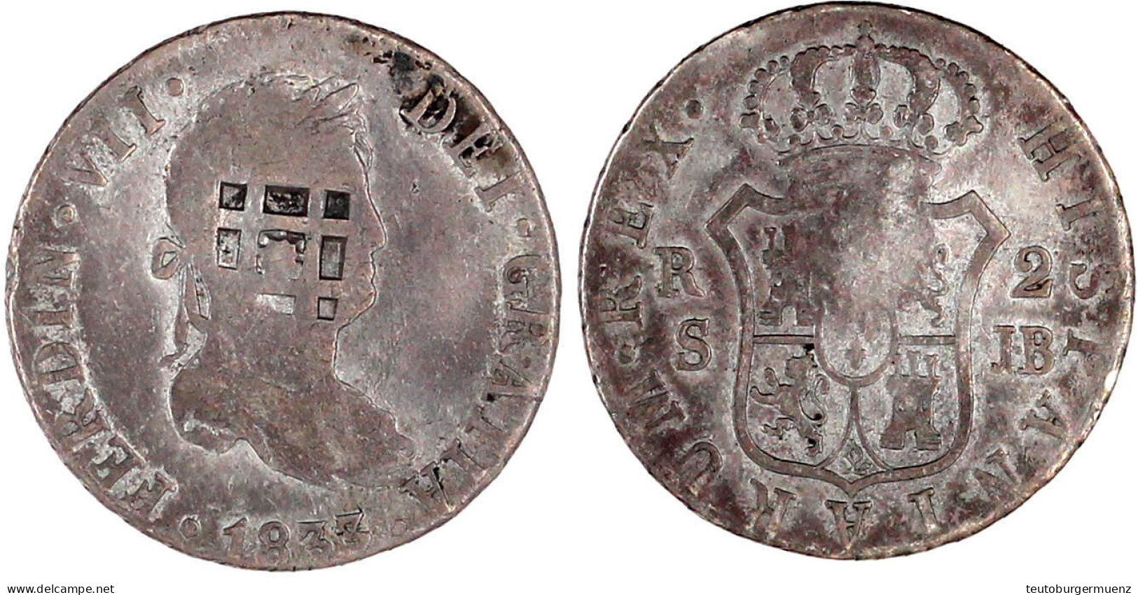 Spanien 2 Reales Ferdinand VII. 1833 SJB Mit Gegenstempel Gitter. Sehr Schön. Krause/Mishler 6. - Kuba