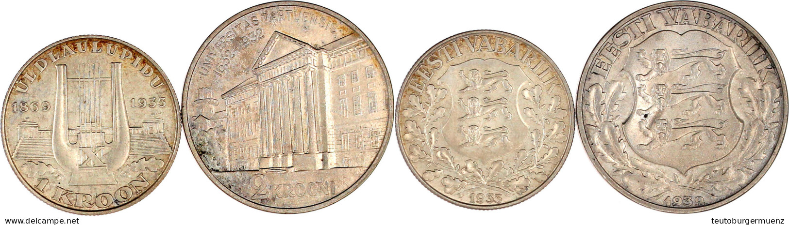 2 Stück: 1 Kroon 1933 Lyra Und 2 Krooni 1932 Universität Tartu. Beide Vorzüglich - Latvia