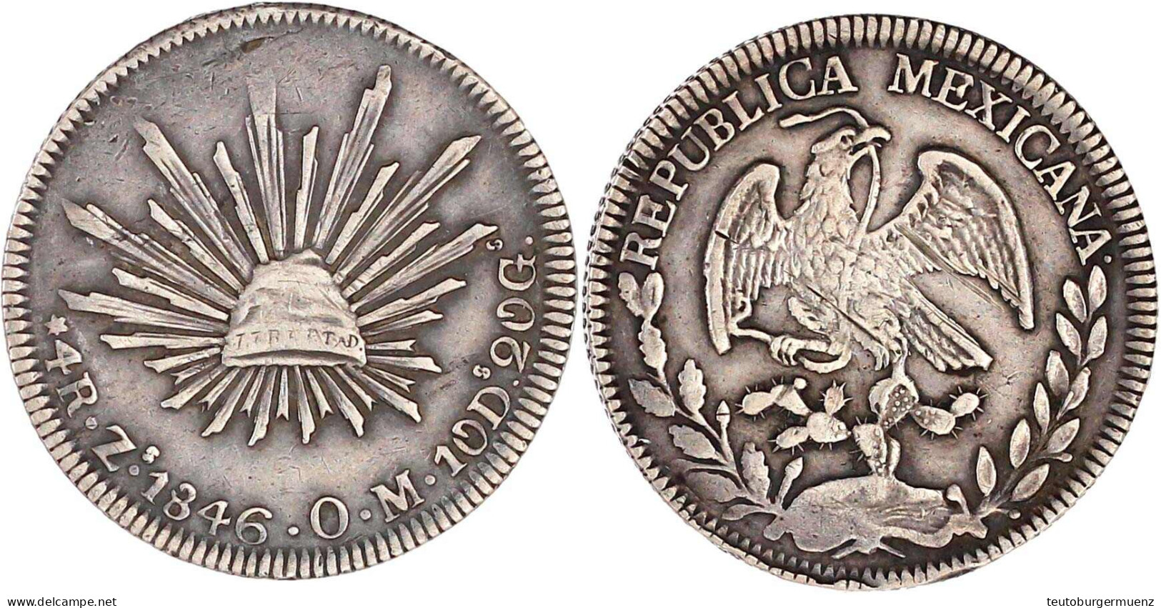 4 Reales 1846 Zs OM, Zacatecas. Gutes Sehr Schön, Min. Justiert, Kl. Schrötlingsfehler. Krause/Mishler 375.9. - México