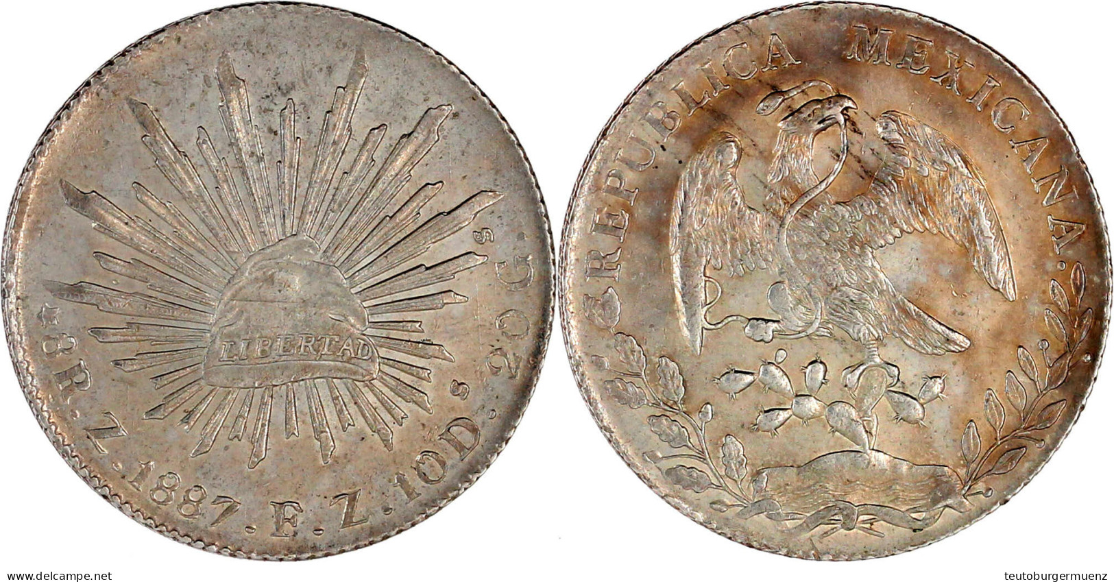 8 Reales 1887 Zs FZ, Zacatecas. Vorzüglich/Stempelglanz. Krause/Mishler 377.13. - México