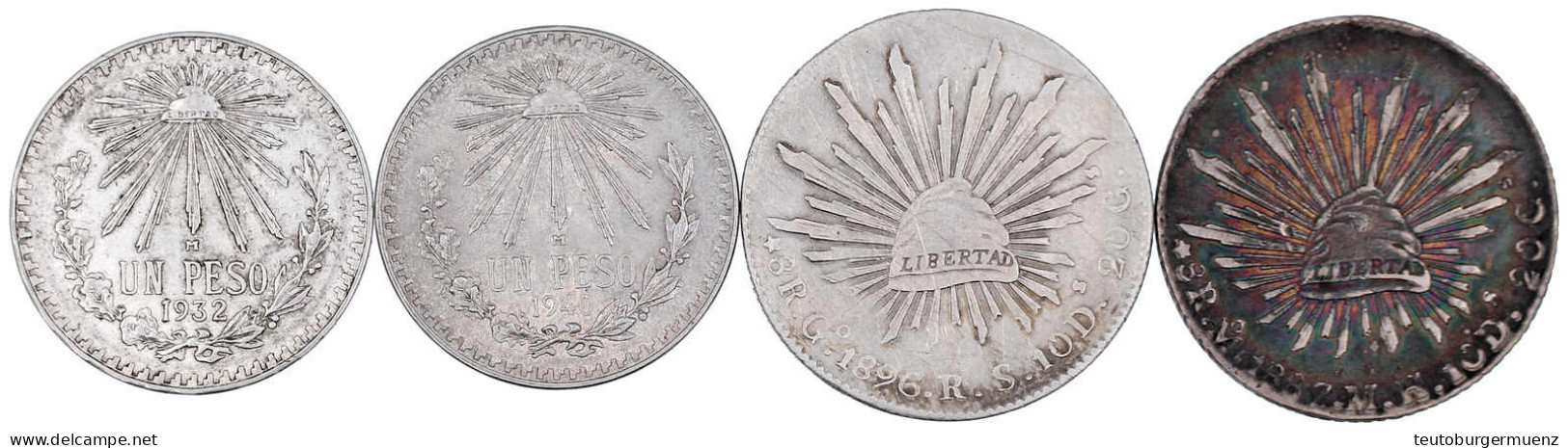 4 Silbermünzen: 8 Reales 1887 M°, 1896 G°, Peso 1932 Und 1940. Sehr Schön Bis Vorzüglich - Mexiko