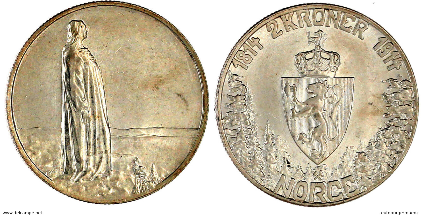 2 Kroner 1914. A.d. 100 Jf. Der Verfassung. Vorzüglich/Stempelglanz. Krause/Mishler 377. Sieg 72. - Noruega