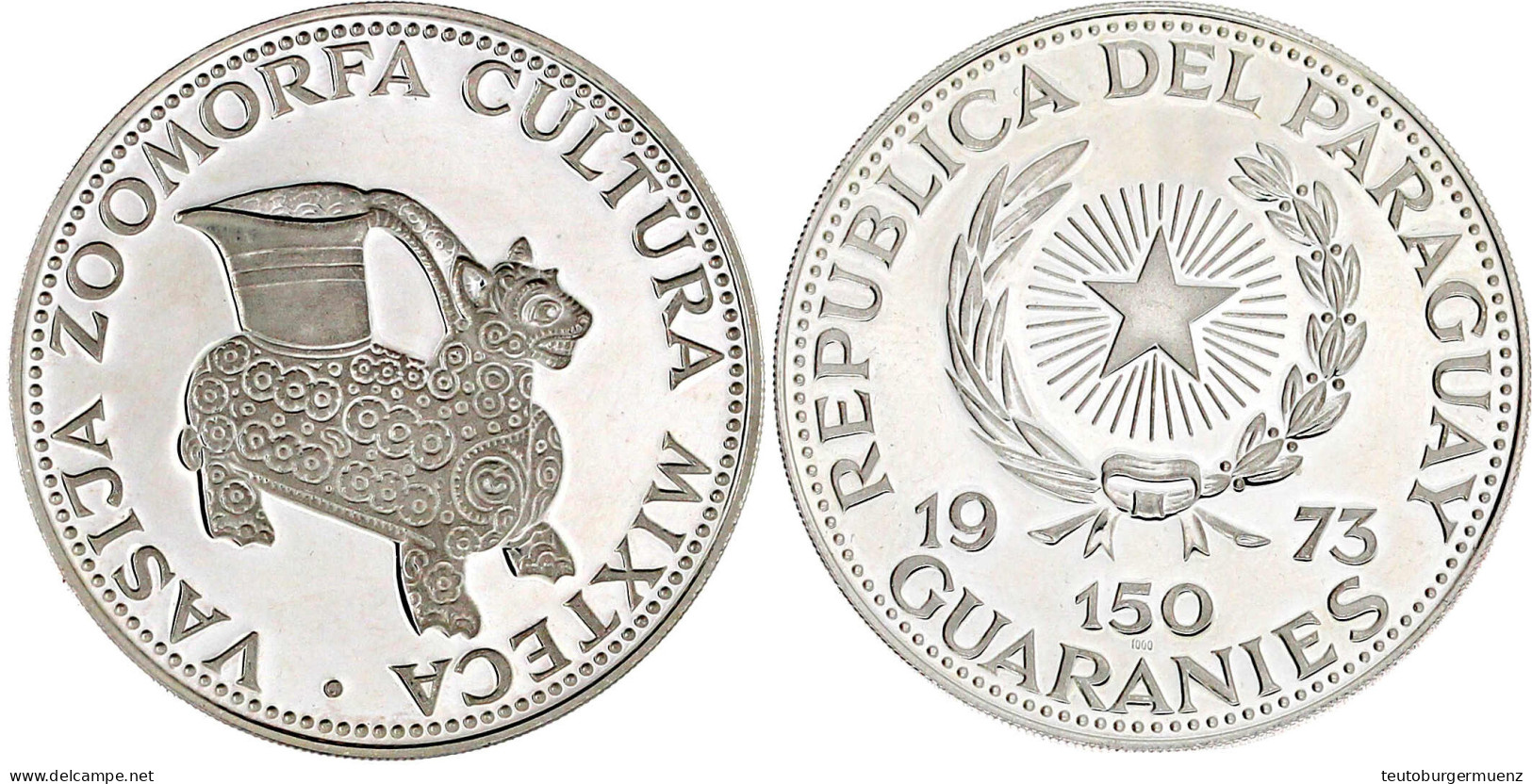 150 Guaranies Silber 1973. Vierbeiniges Tongefäß In Form Eines Jaguars Mit Polychromer Bemalung, Mixtekische Kultur. Pol - Paraguay