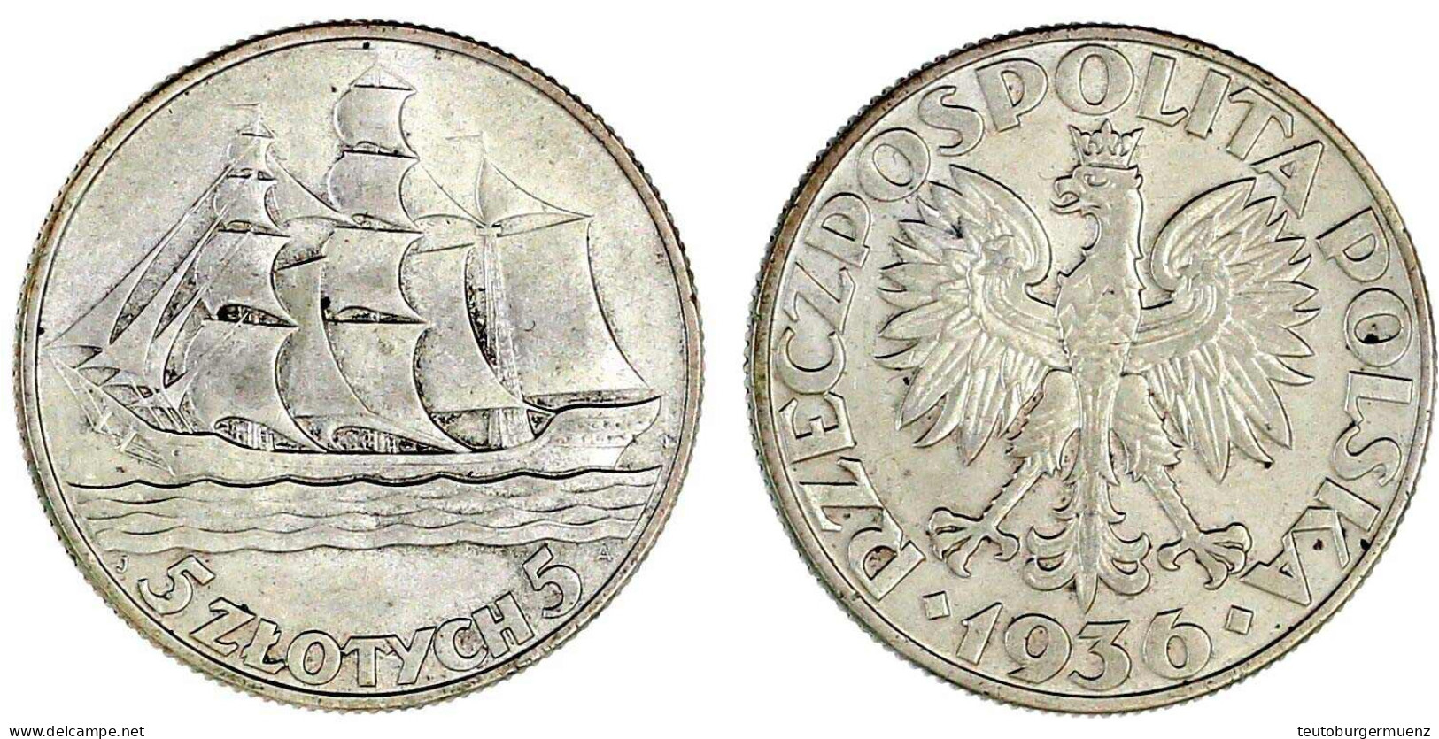 5 Zlotych 1936. Segelschiff. Vorzüglich. Parchimowicz 119. - Poland