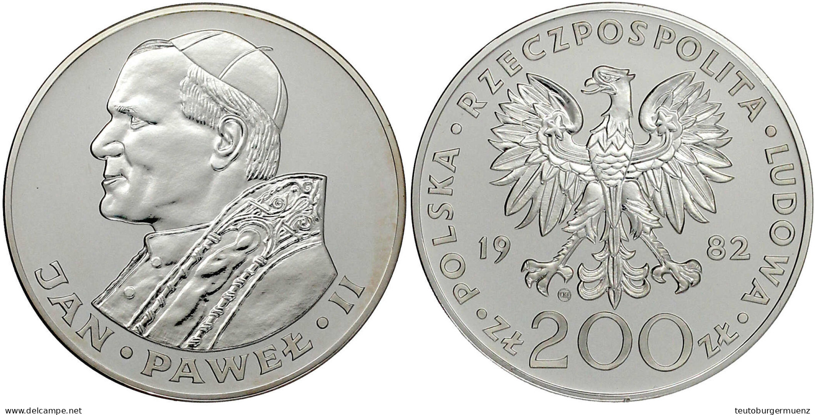 200 Zlotych Silber 1982, Johannes Paul II. Polierte Platte, Selten. Fischer K 027. Krause/Mishler Y 137. - Poland