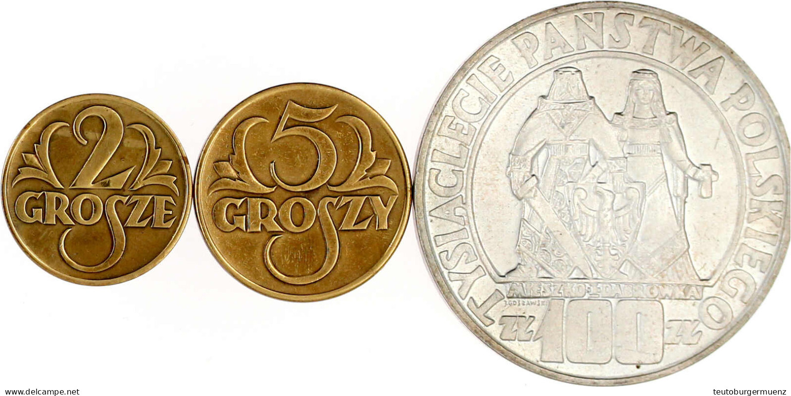 3 Stück: 100 Zlotych 1966 1000 Jahre Polen (fast Stgl.), 2 Und 5 Grosze 1923 Messing (vz, Zaponiert) - Polen