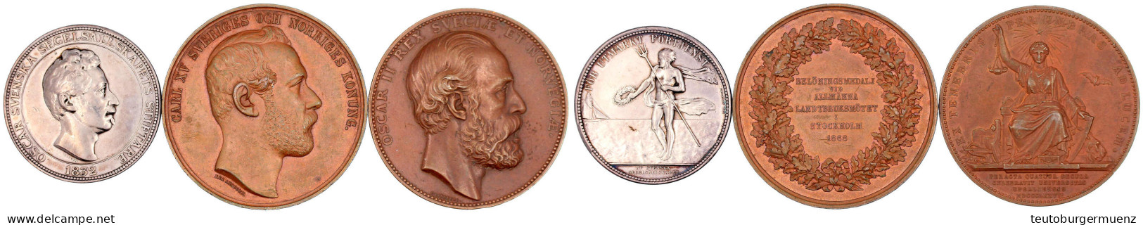 3 Medaillen: Oscar I. Silbermed. "1832" (spätere Prägung) Von Ahlborn, Regatta, 44 Mm, 41,89 G; Carl XV. Bronzemed. 1868 - Suède