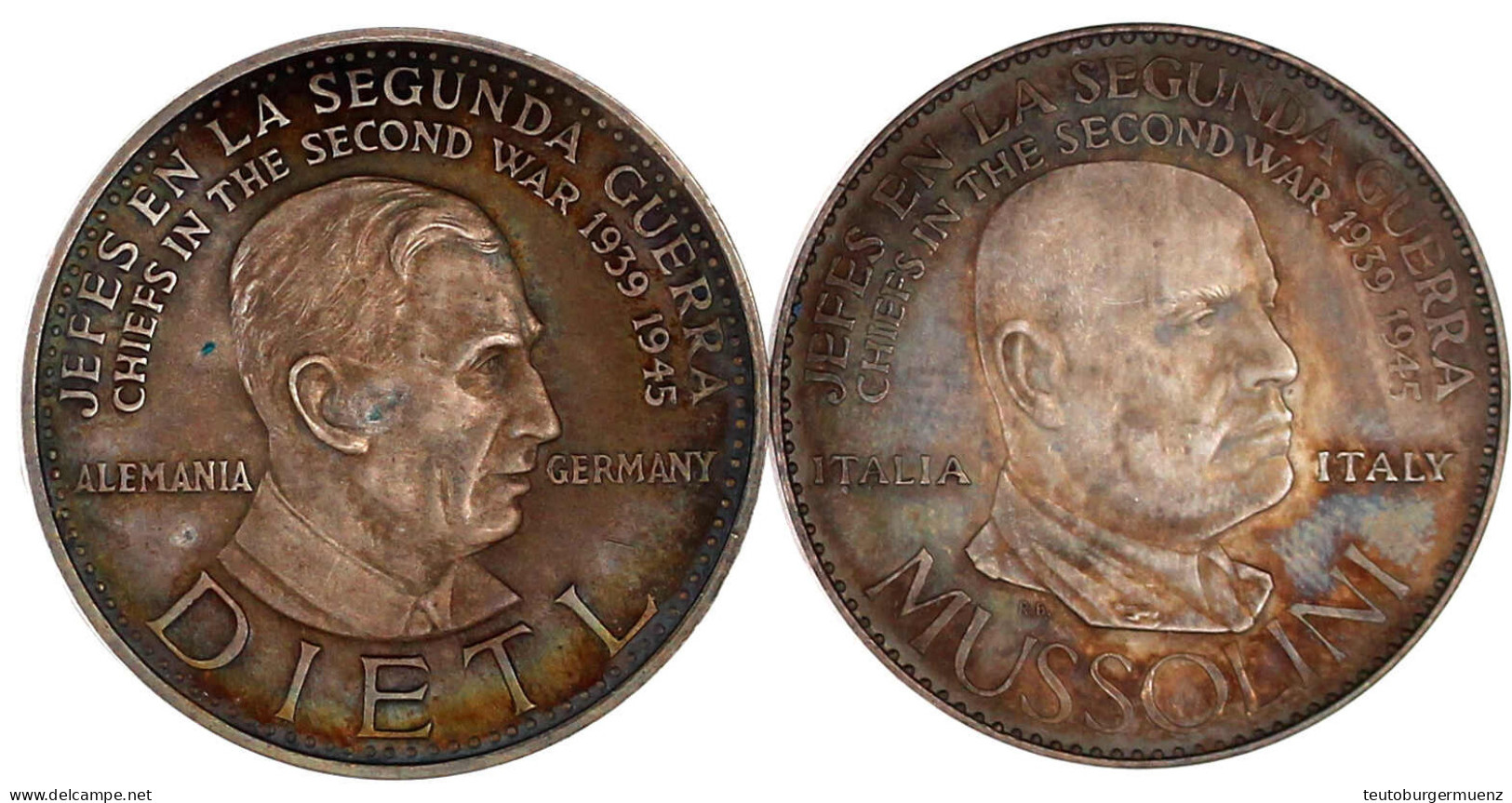 2 Silbermedaillen 1957 Auf Europäische Persönlichkeiten Im II. WK: Mussolini Und Dietl. Je 30 Mm; 13,06 Und 12,94 G. Vor - Venezuela