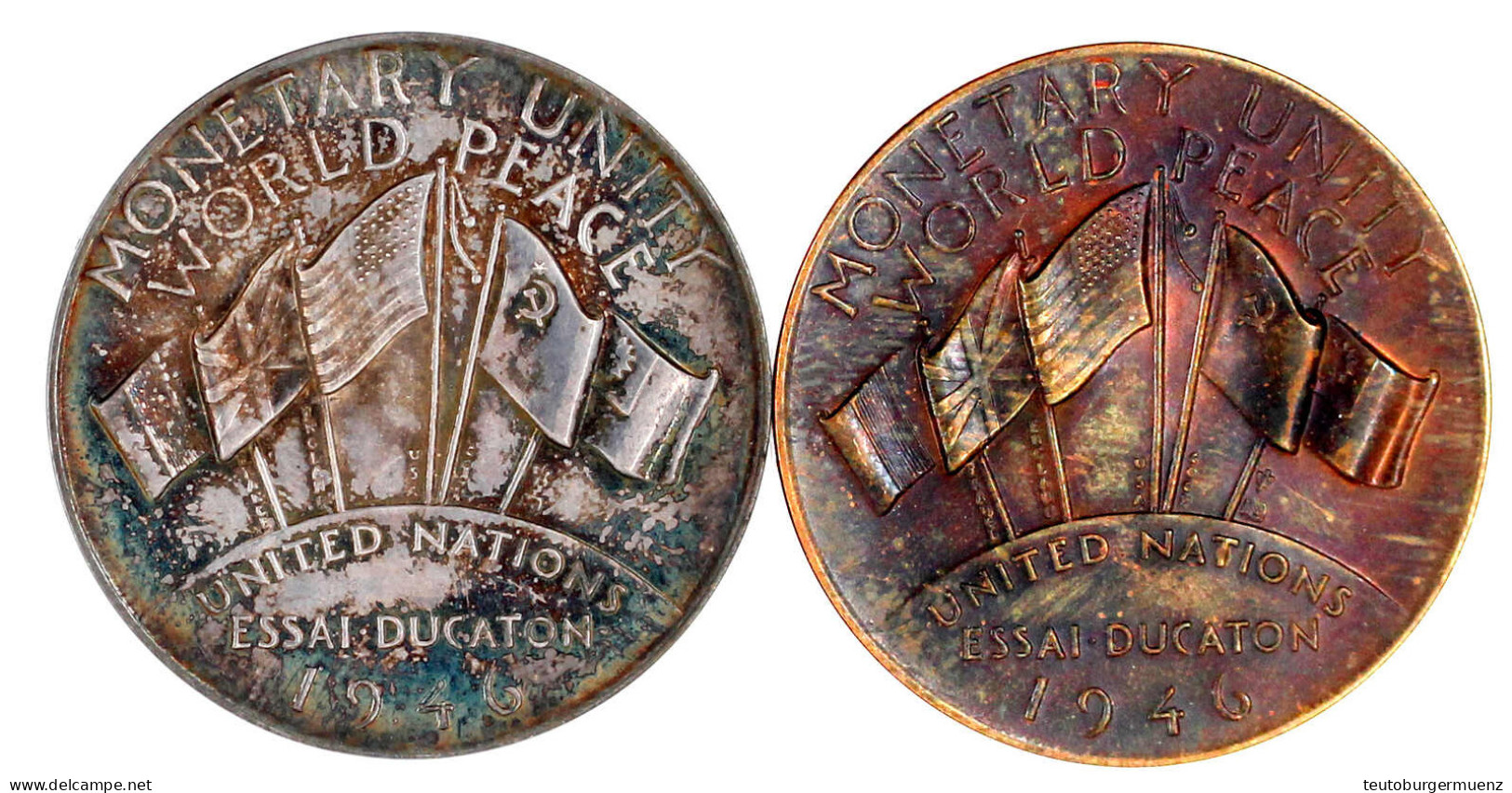 2 Stück: Essai Ducaton Der United Nations 1946 In Silber (Aufl. Nur 1000 Ex.) Und Bronze. Je 37 Mm, Silber 27,57 G, Bron - Autres & Non Classés