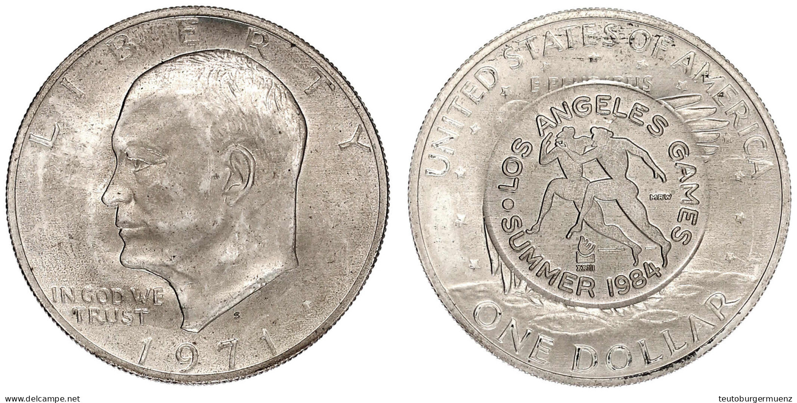 Eisenhauer Gedenkdollar 1971 Mit Gegenstempel 1984 Sommer-Oly. Läufer. Polierte Platte - Autres & Non Classés