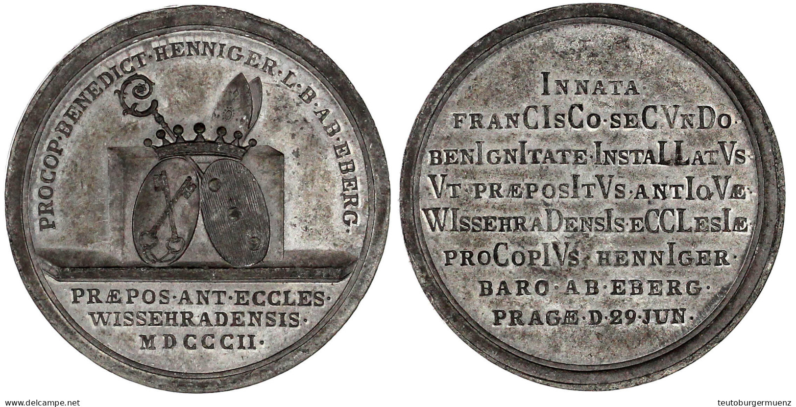 Zinnmedaille 1802 A.d. Installation Des Bischofs Prokop Benedikt Henniger Von Eberg In Prag. 42 Mm. Mit Altem Zettel Der - Gold Coins