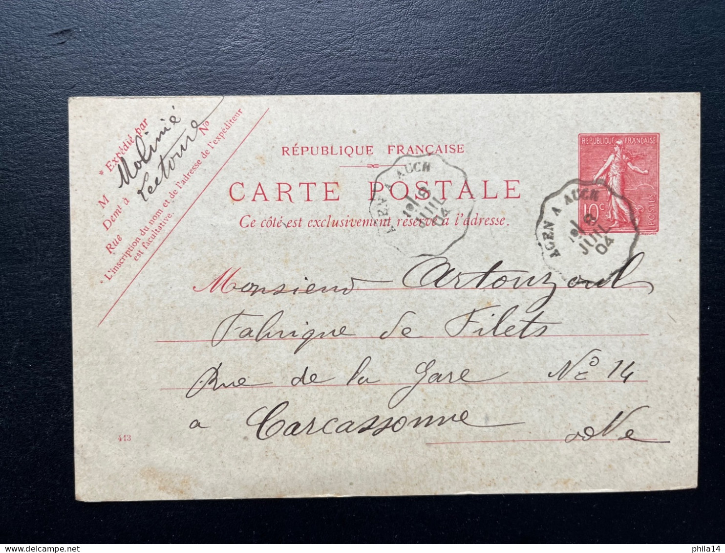 10c SEMEUSE ENTIER CARTE POSTALE / CONVOYEUR AGEN A AUCH / POUR CARCASSONNE AUDE / 1904 - Voorloper Kaarten